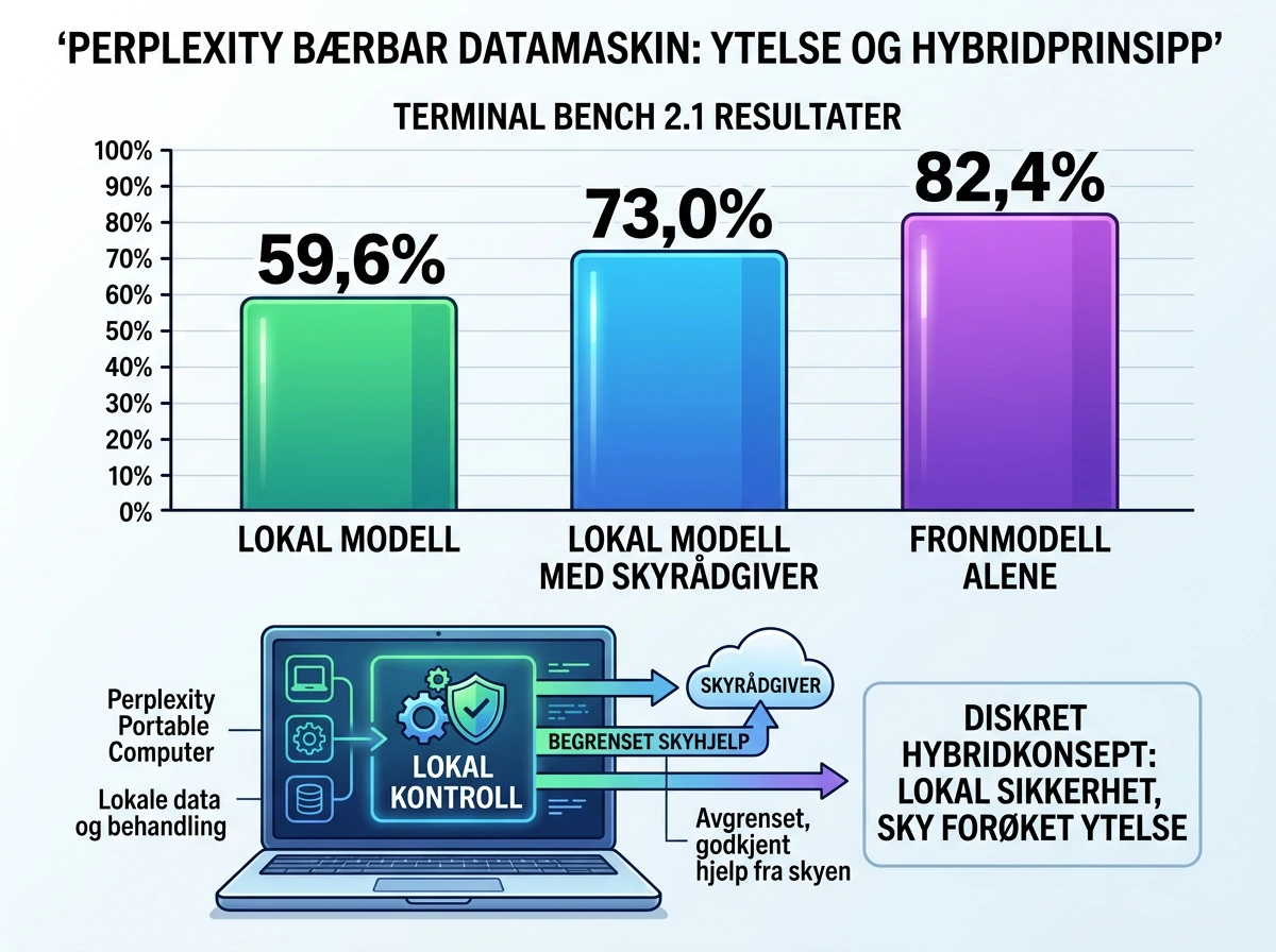 Søylediagram sammenligner lokal modell, hybrid skyrådgiver og frontmodell på Terminal Bench