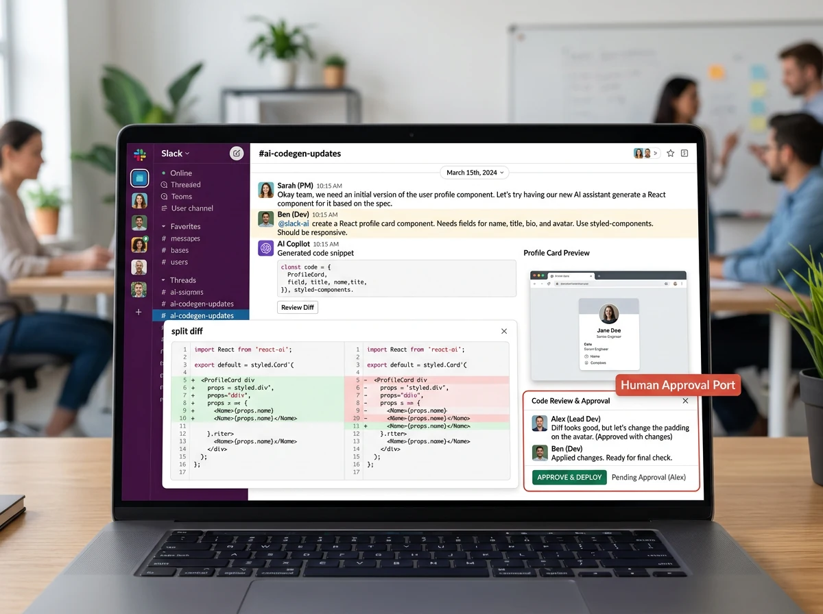 Delt Slack Code-kanal med samtale, kode-diff, forhåndsvisning og menneskelig godkjenning