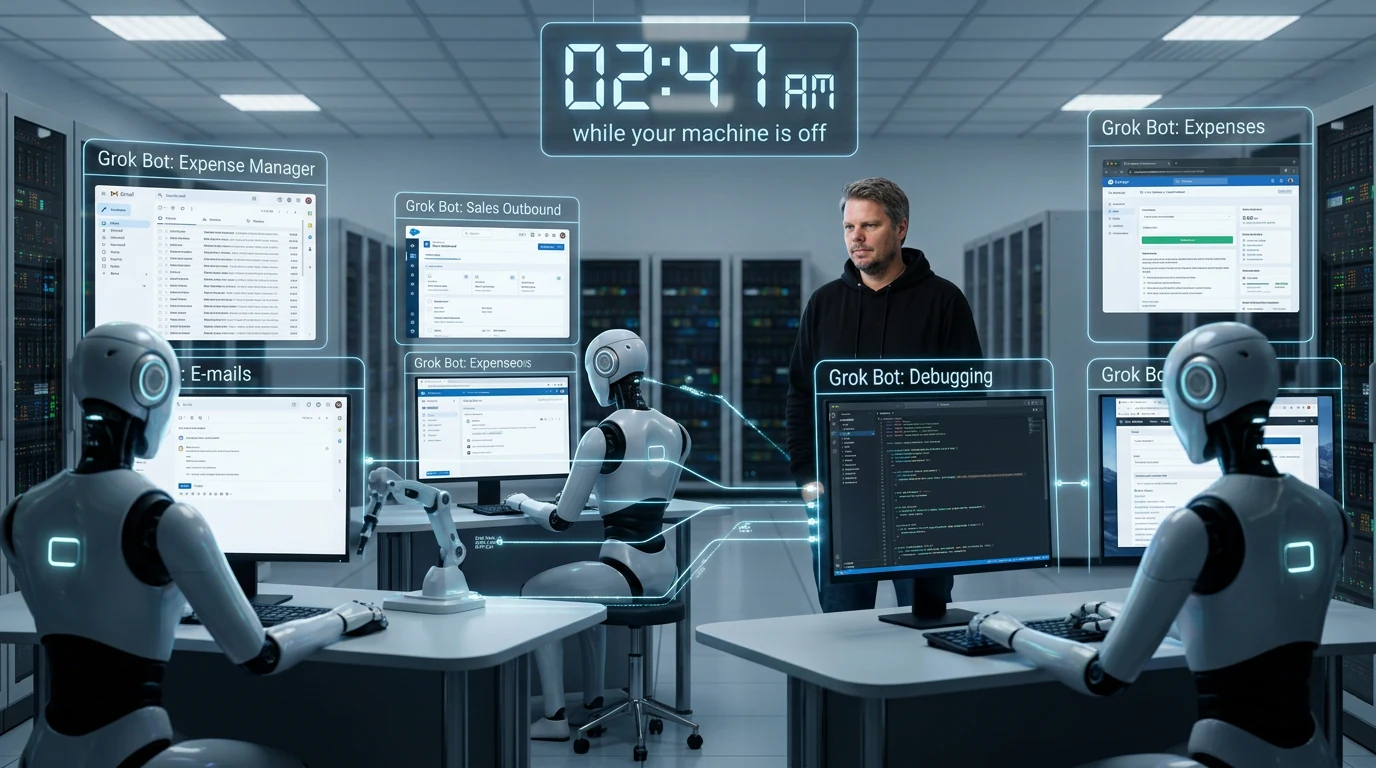 Jan Sverre med Grok Bot-agenter som arbeider på egne sky-PC-er