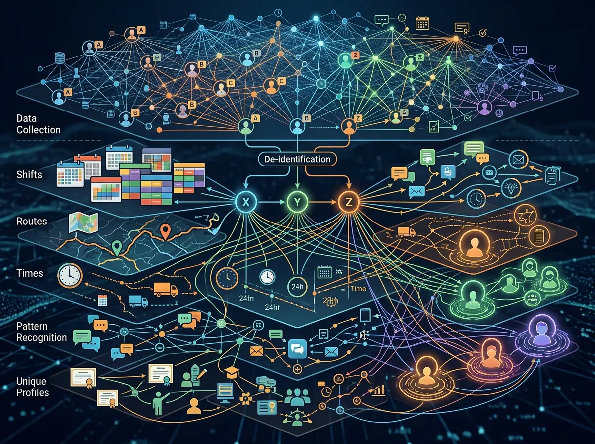 Avidentifiserte datapunkter med koblinger mellom skift, meldinger og personalhistorikk