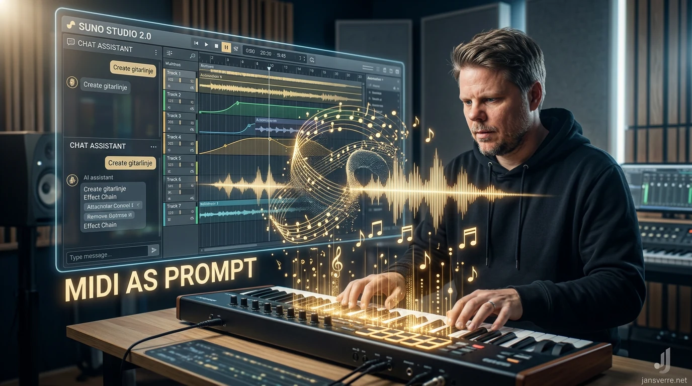 Jan Sverre i et digitalt musikkstudio med MIDI og Suno Studio 2.0