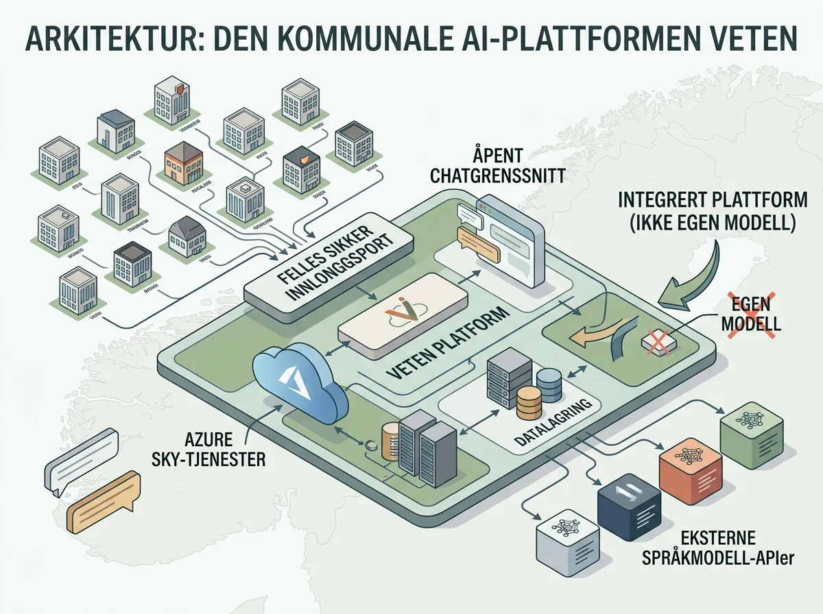 Arkitekturdiagram over Veten med kommuneinnlogging, Azure-tjenester og eksterne AI-modeller koblet sammen