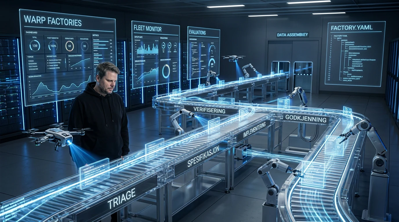 Jan Sverre i en AI-drevet produksjonslinje som visualiserer Warp Factories