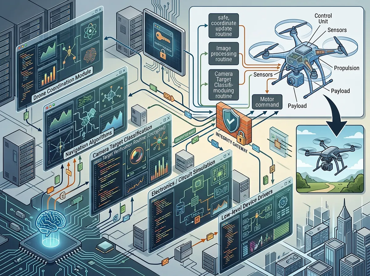 Fragmenterte kodeoppgaver samles av en AI-agent til et autonomt dronesystem