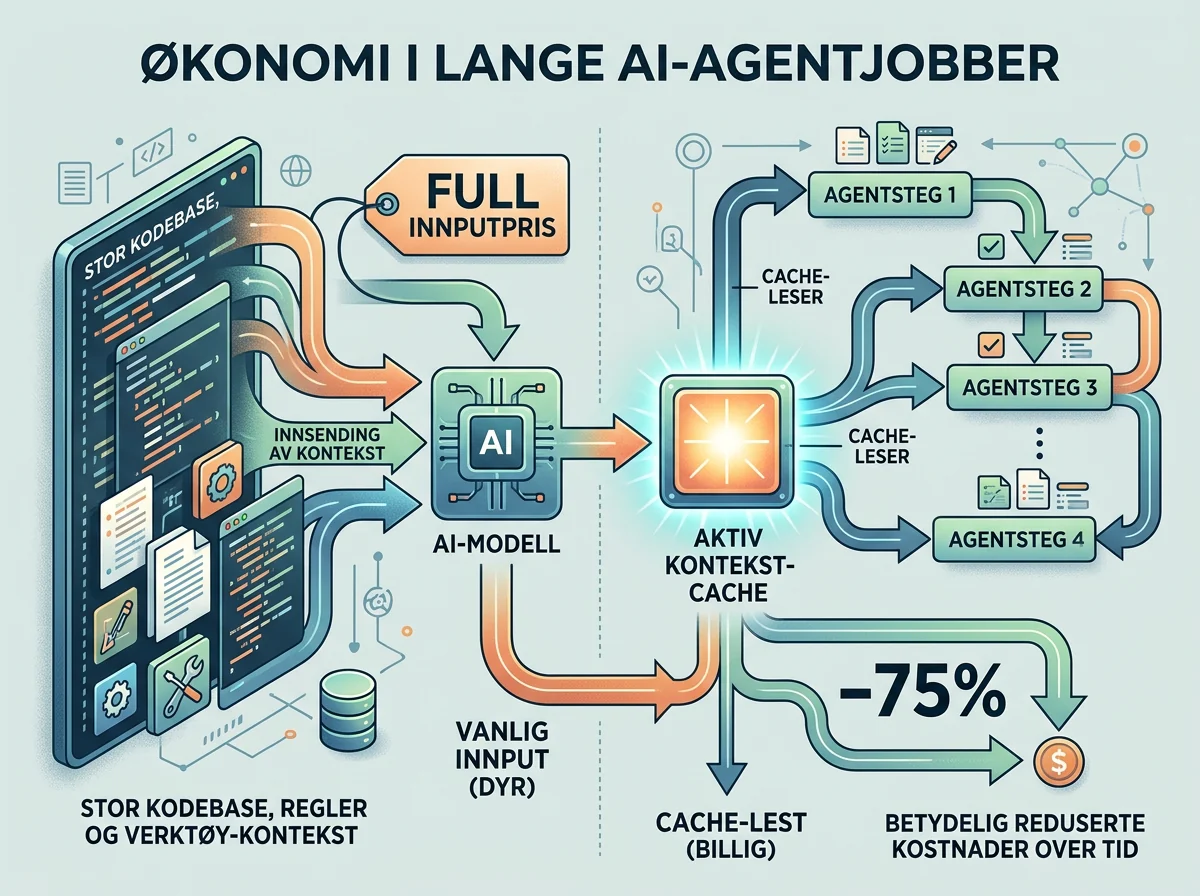 Infografikk viser hvordan billigere cache reduserer kostnaden for lange AI-agentjobber