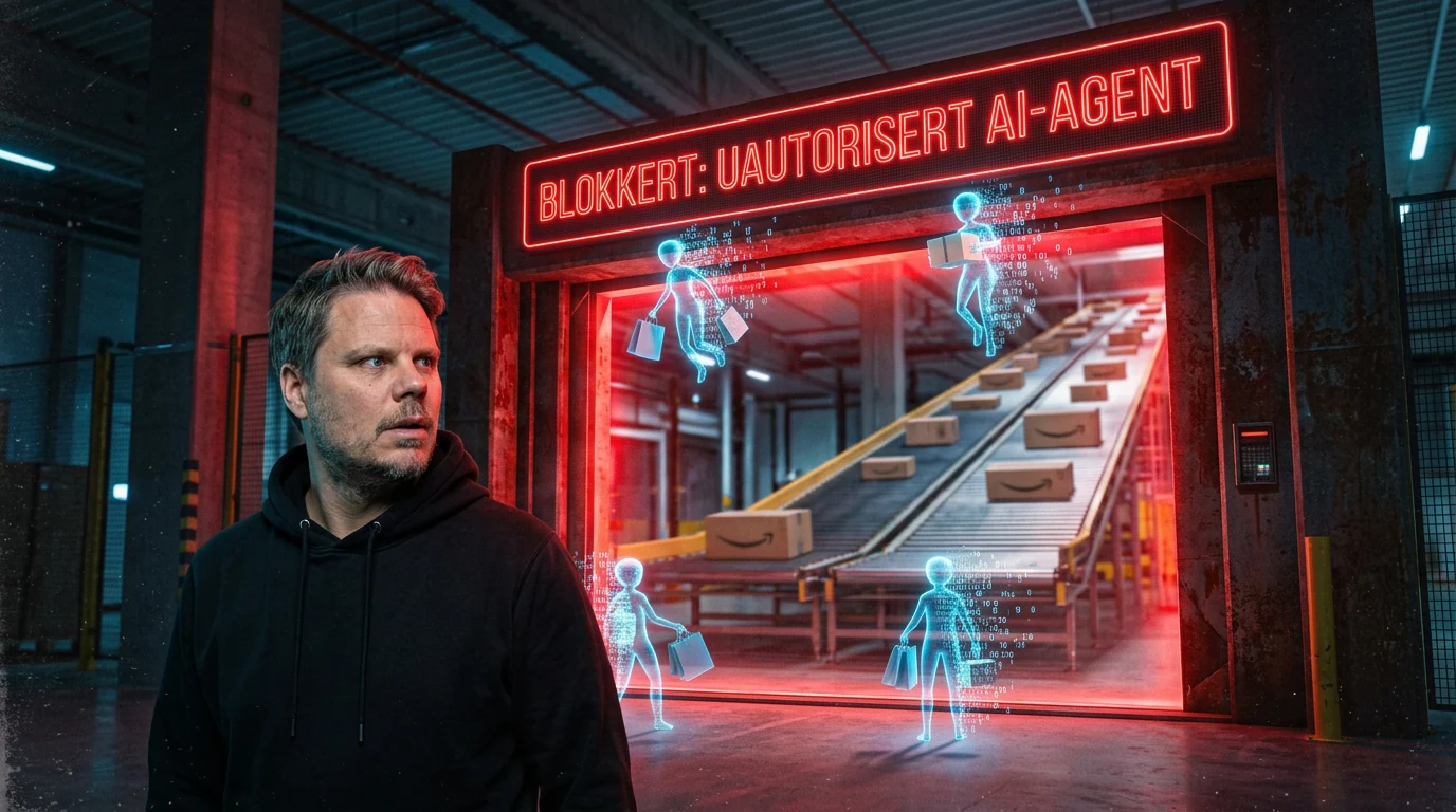 Jan Sverre foran stengt nettbutikkport for Amazon og Metas AI-agent Muse