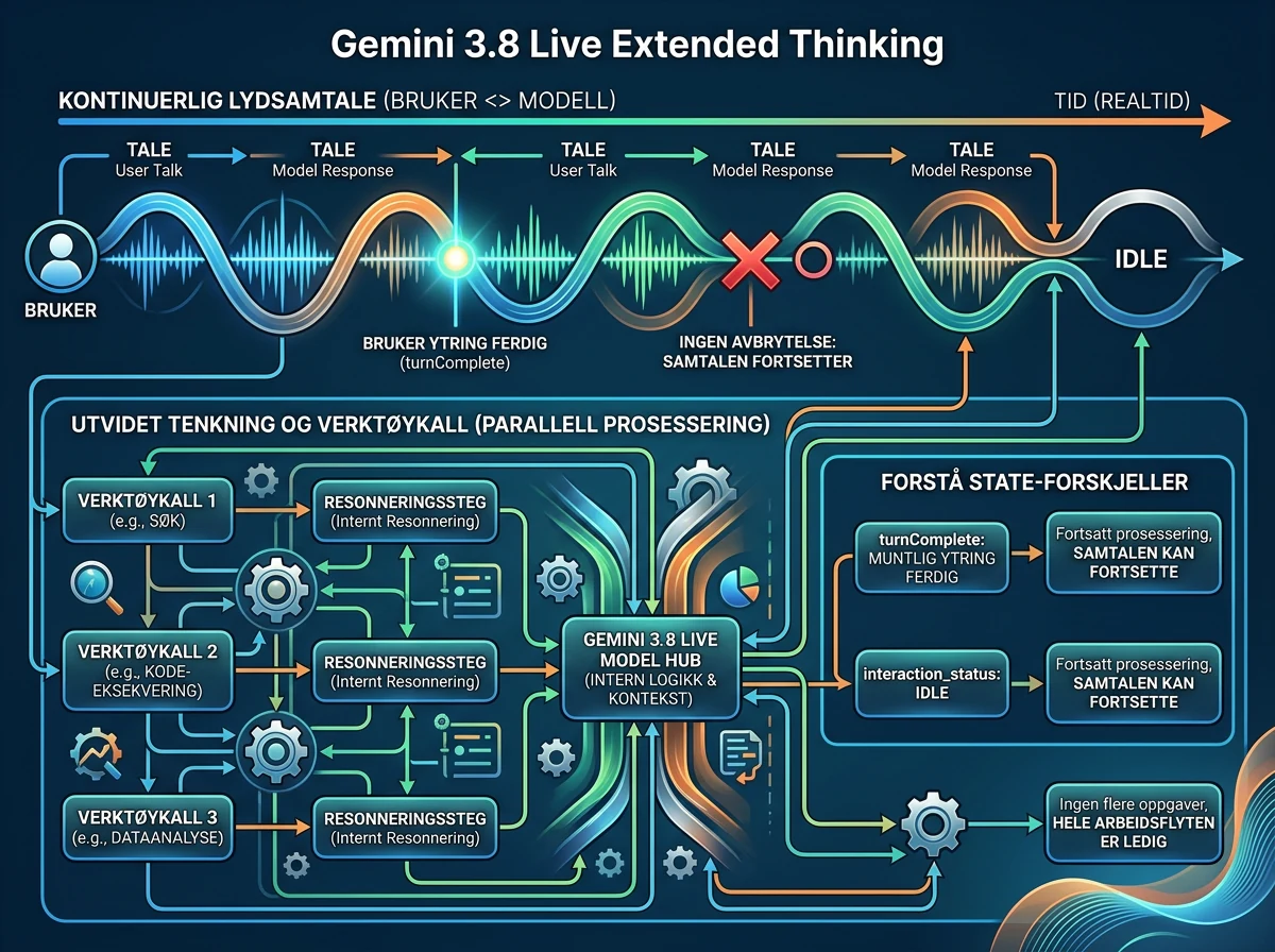 Diagram over Gemini 3.8 Live med verktøy og resonnering i bakgrunnen