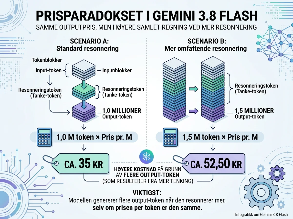 Infografikk viser hvordan flere resonneringstoken øker kostnaden i Gemini 3.8 Flash