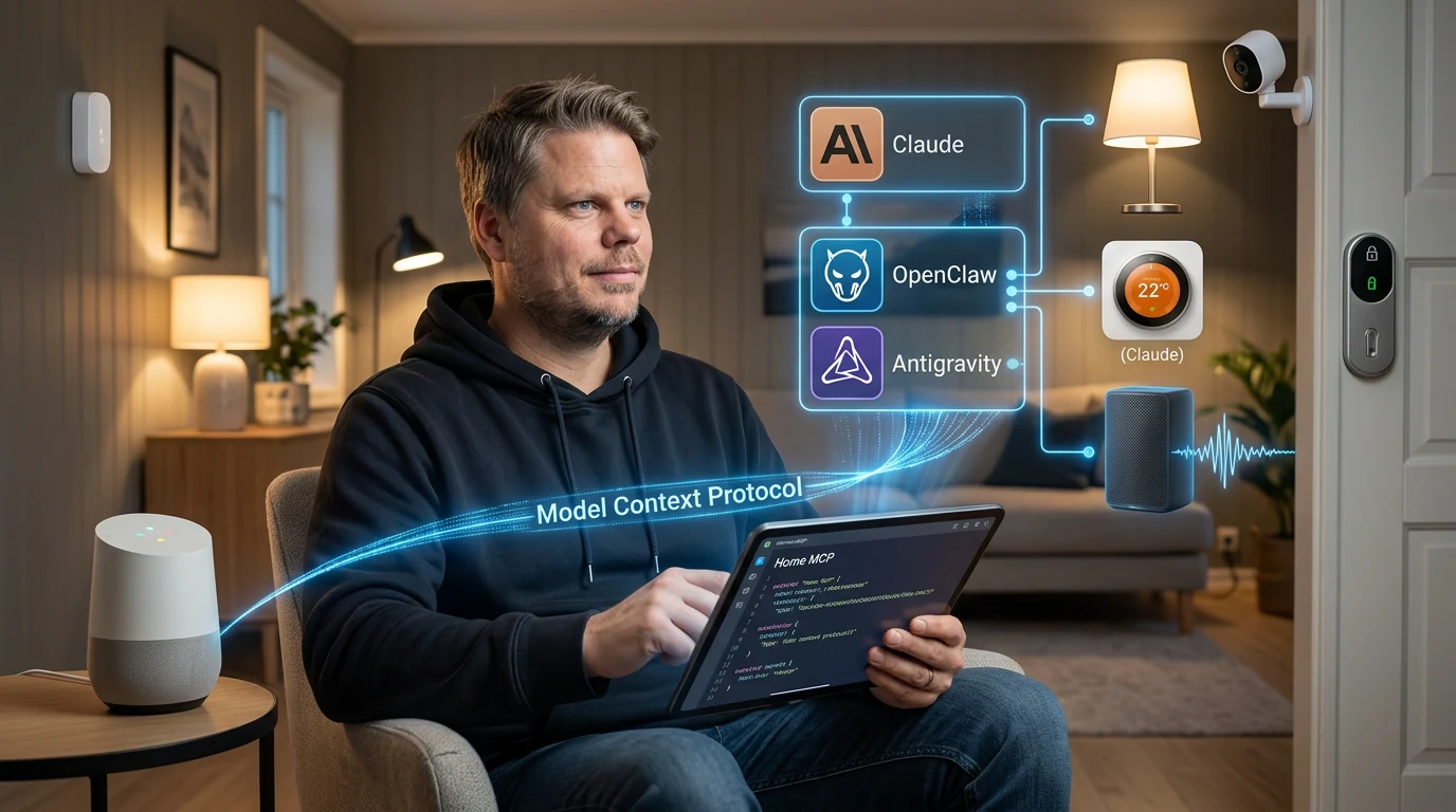 Jan Sverre i et smarthjem styrt av flere AI-agenter gjennom MCP