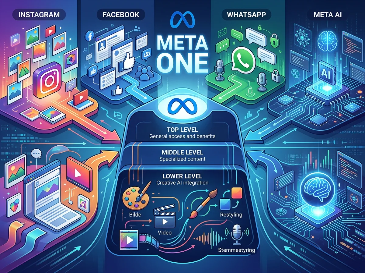 Illustrasjon av Meta One som samler Facebook, Instagram, WhatsApp og Meta AI