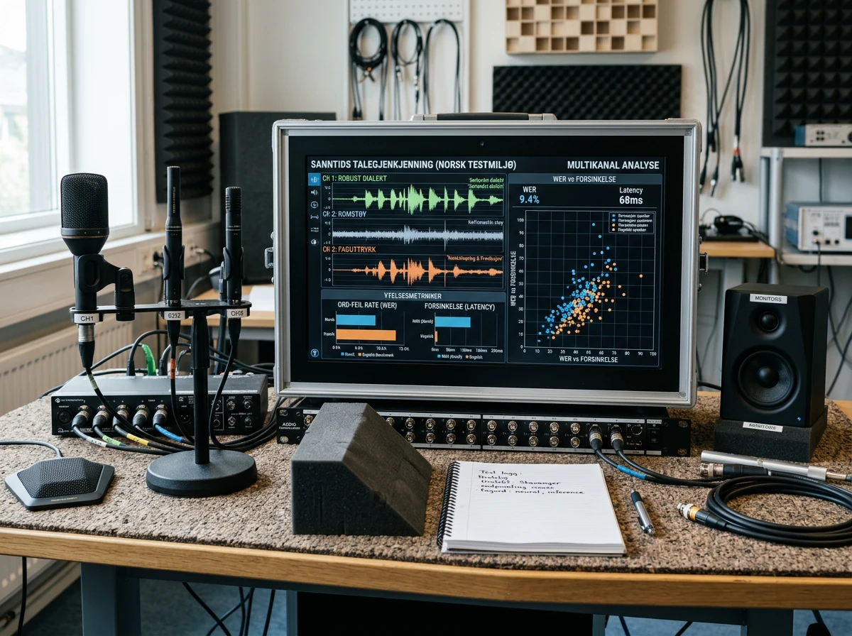 Testbenk sammenligner forsinkelse og ordfeil før Muse Voice Transcribe brukes på norsk