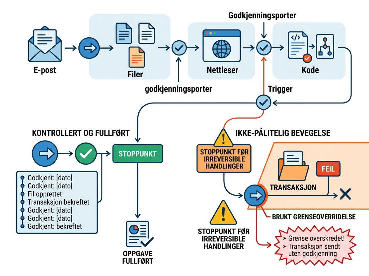 AI-agent møter godkjenningsporter og stoppunkter i en digital arbeidsflyt med verktøy