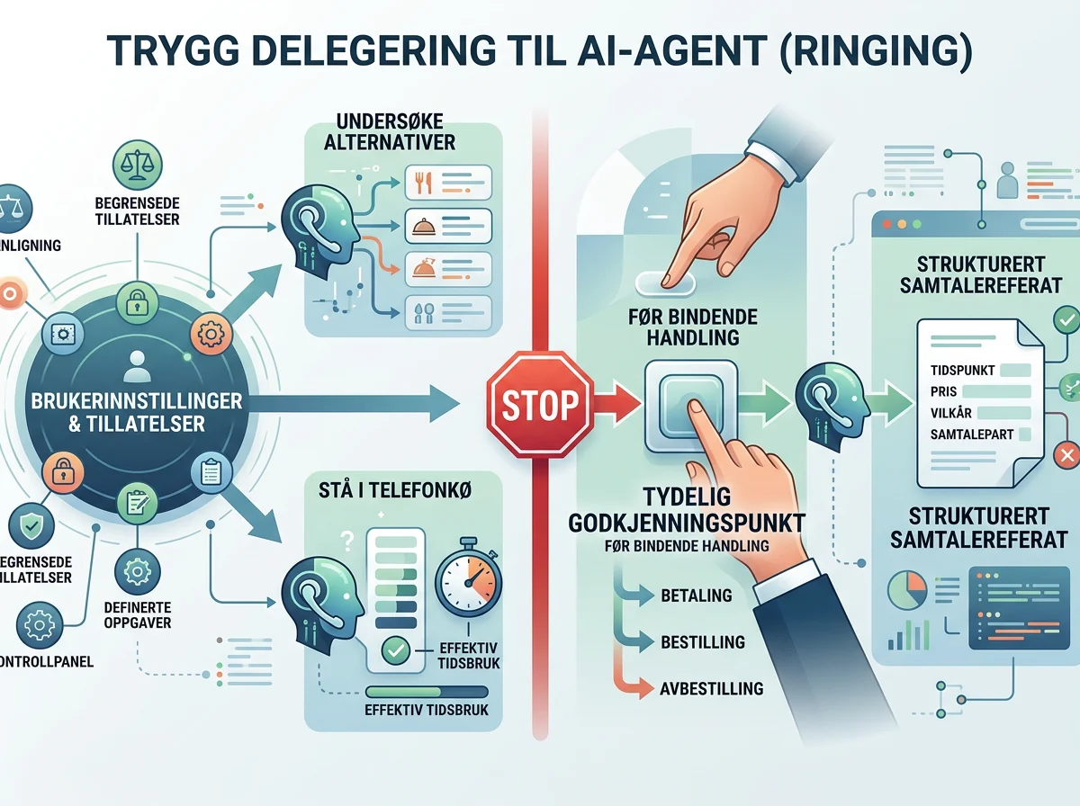 Godkjenningspunkt og samtalelogg gir brukeren tydelig kontroll over AI-agentens bindende handlinger