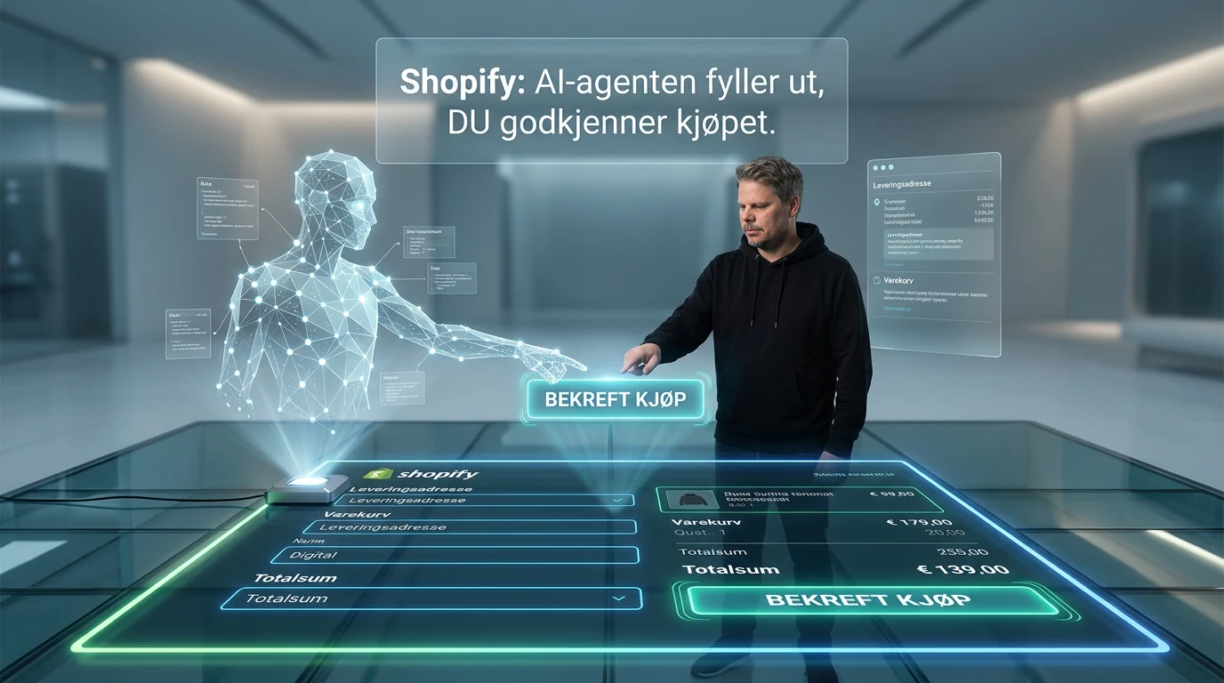 Jan Sverre ved Shopify-checkout der en AI-agent venter på kjøperens godkjenning