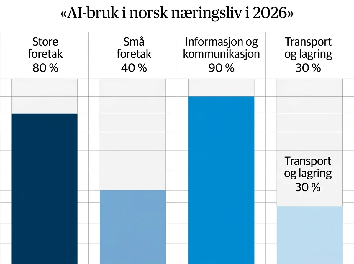 Infografikk sammenligner AI-bruk i store og små norske foretak og bransjer
