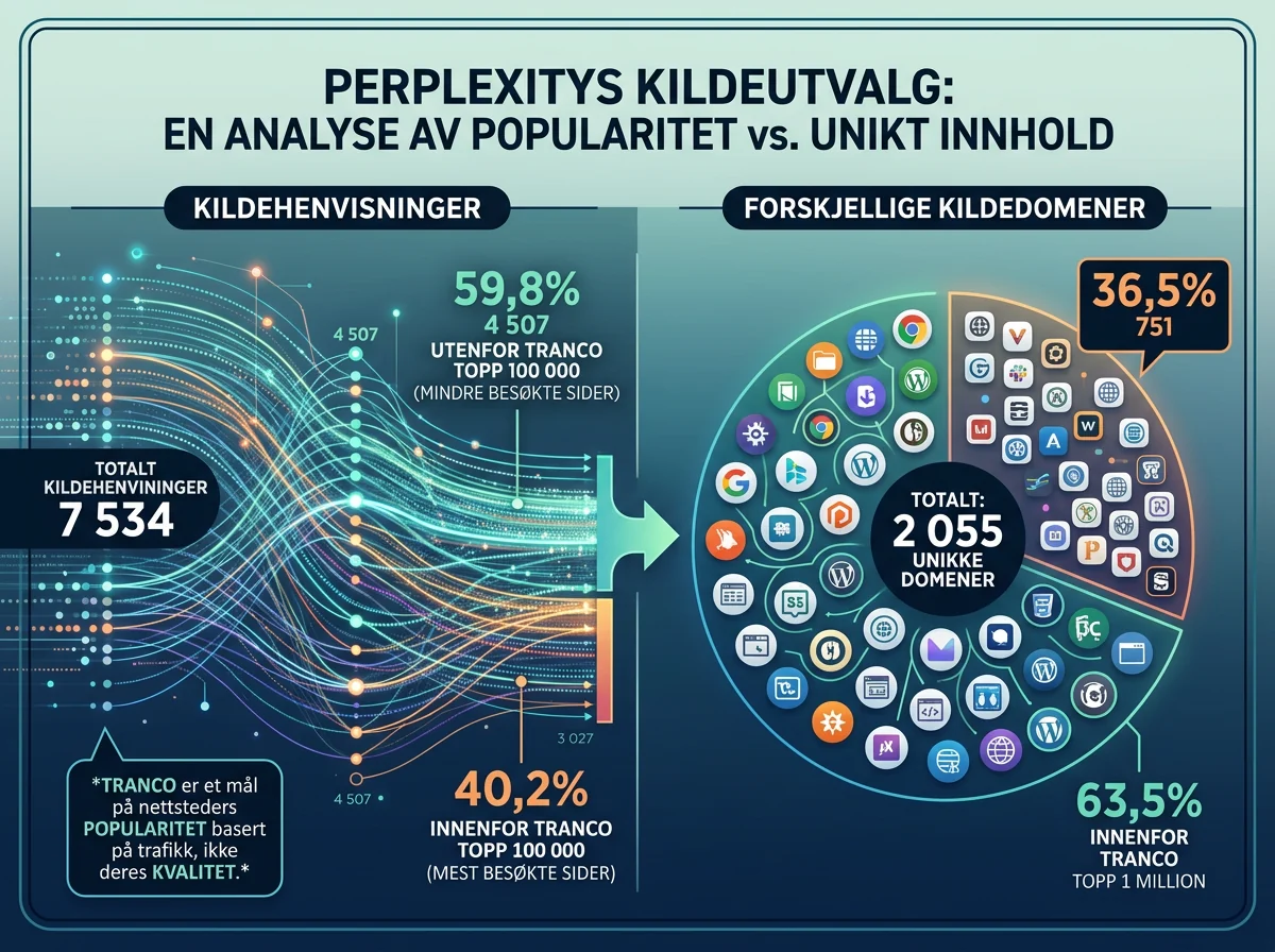 Norsk infografikk over Perplexitys kildehenvisninger og domener utenfor Trancos topplister