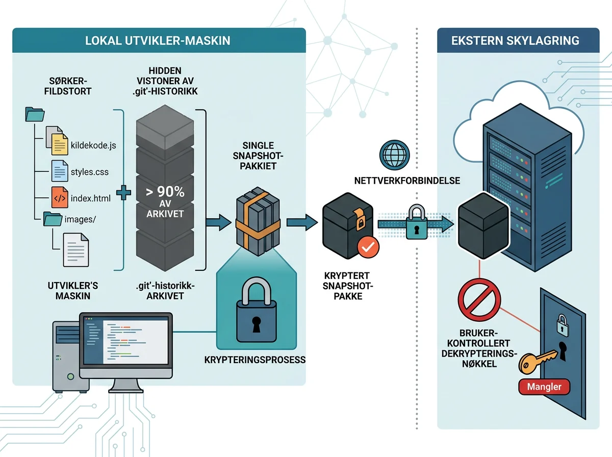 Teknisk dataflyt viser kryptert ZCode-snapshot fra lokal Git-historikk til ekstern skylagring