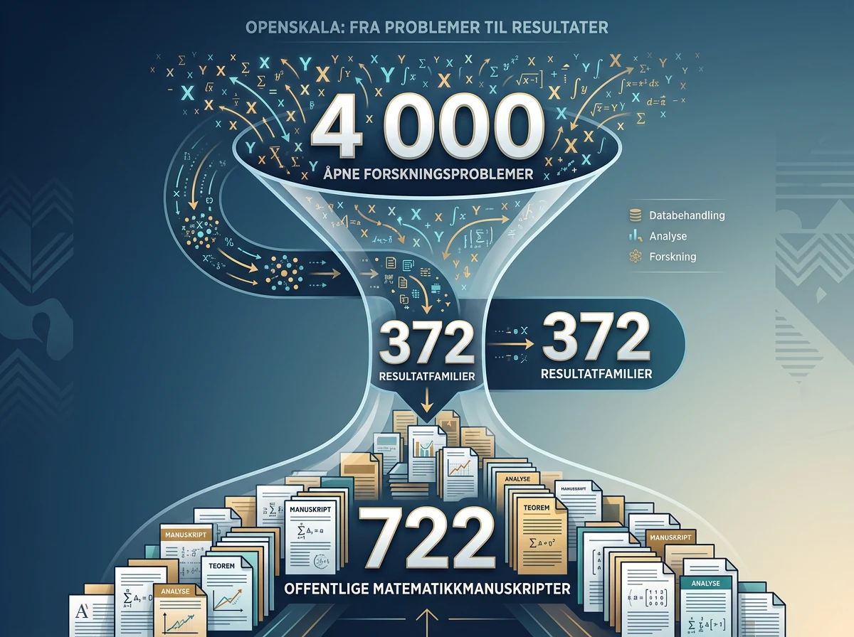 Infografikk viser 4 000 problemer, 372 resultatfamilier og 722 manuskripter fra OpenAI