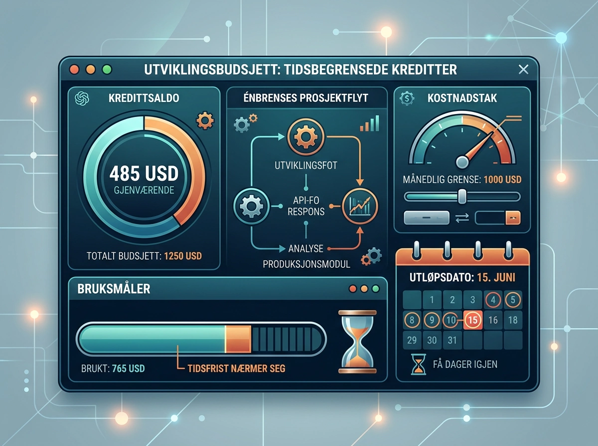 Dashboard showing a spending cap, API usage, and the expiry of OpenAI credits for a development project