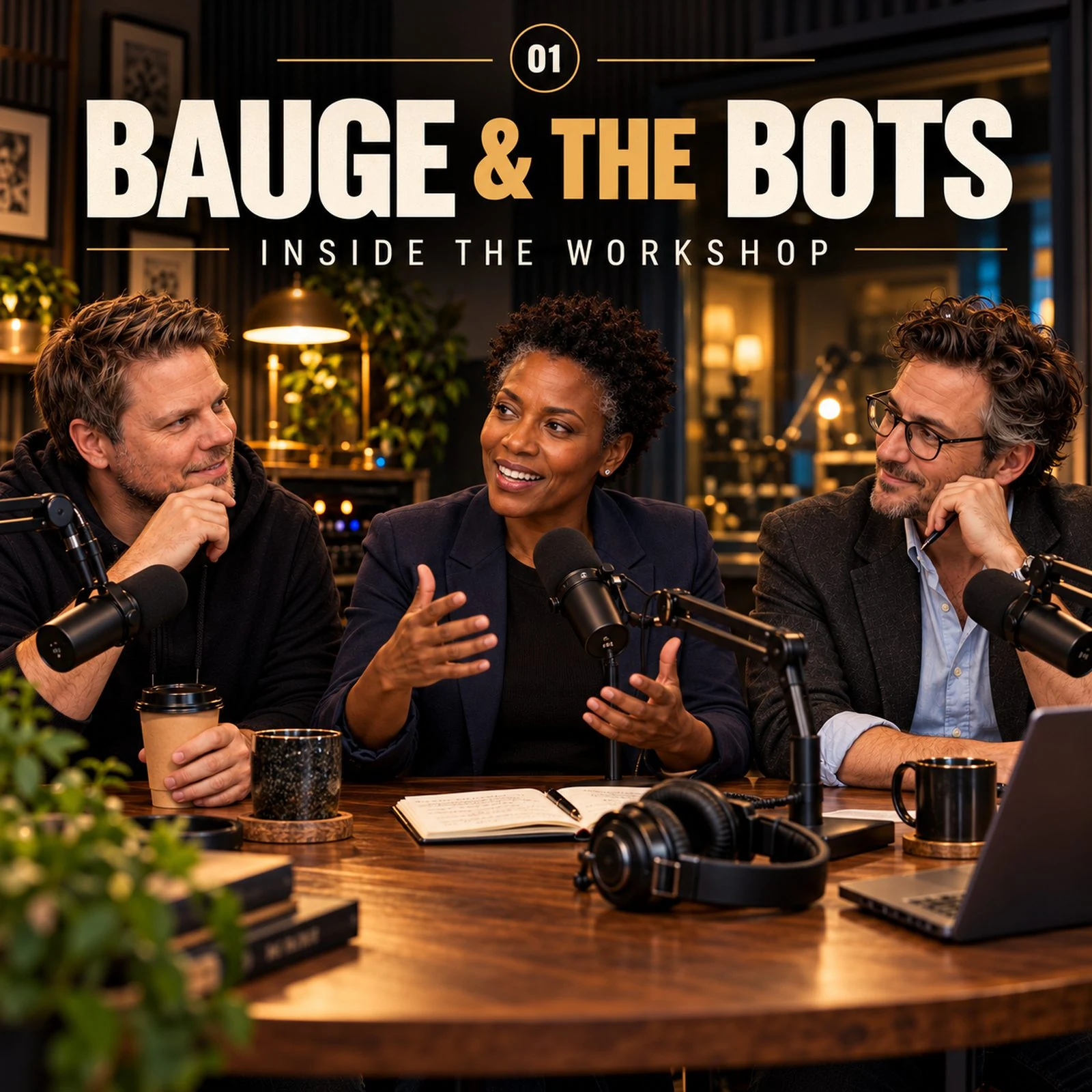 J S, AcidBurd, and The Editor in the Bauge & The Bots podcast studio