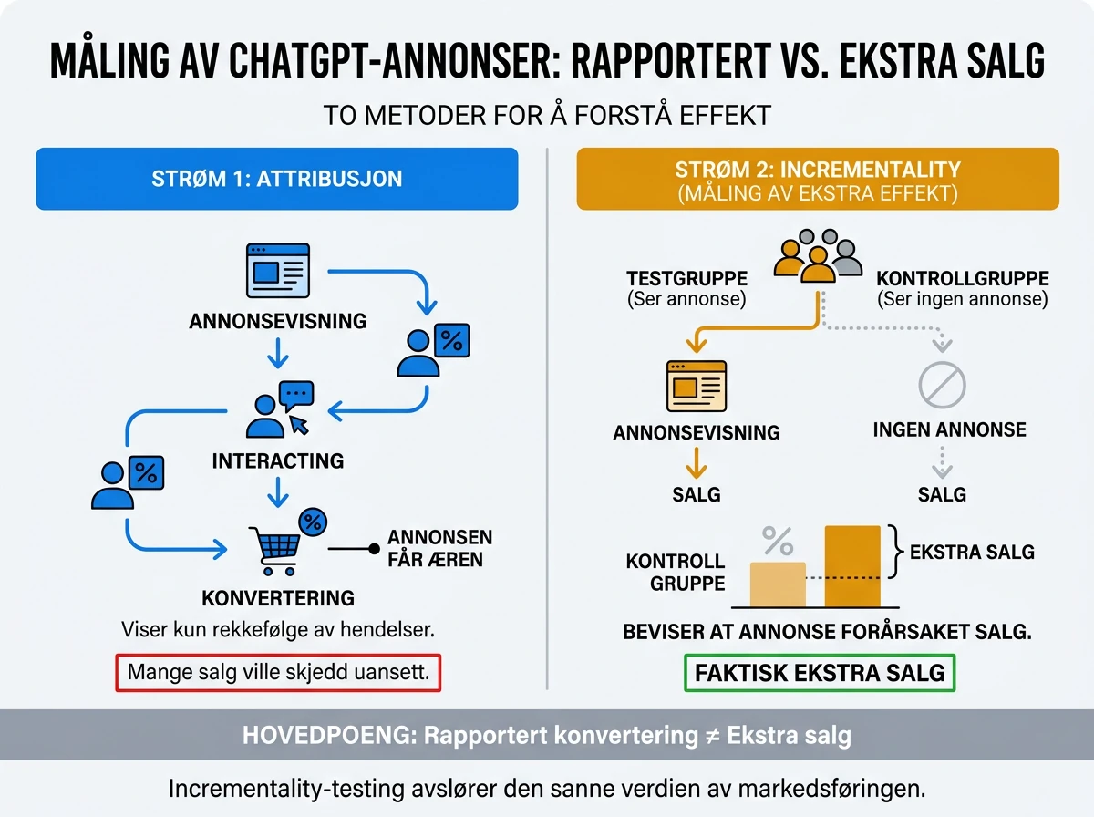 Infografikk sammenligner annonseattribusjon med måling av faktisk ekstra salg fra ChatGPT-annonser