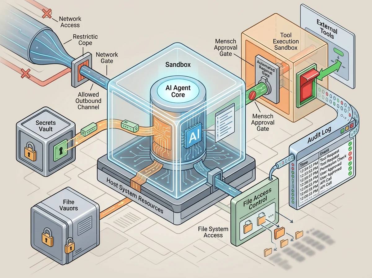 Secure local AI agent architecture with sandboxing, network restrictions, logging, and human approval