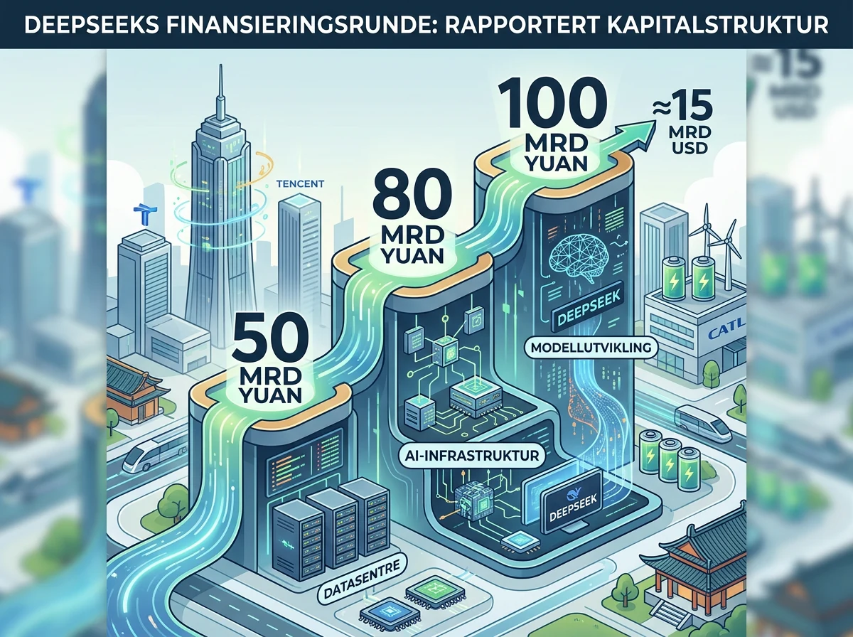 Illustrasjon av at DeepSeeks finansieringsmål steg fra 50 til 100 milliarder yuan