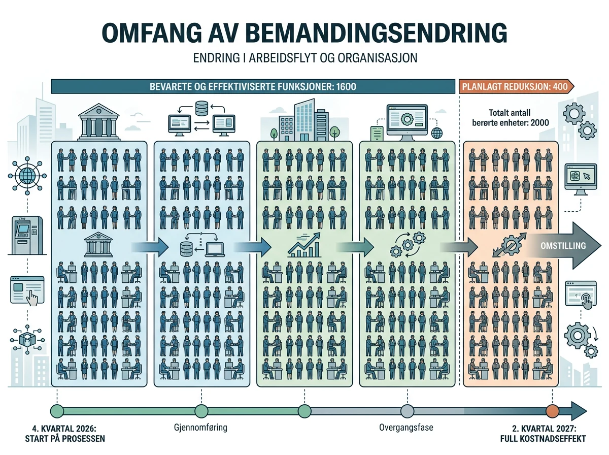 Infografikk viser DNBs planlagte kutt på 400 av 2 000 årsverk