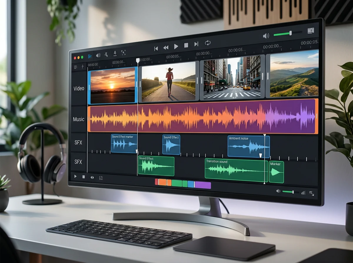 Videotidslinje med separate lag for AI-generert musikk og synkroniserte lydeffekter