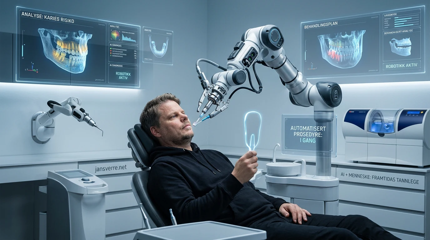 A patient in a futuristic dental chair as an AI-guided robotic system maps and treats teeth under human supervision