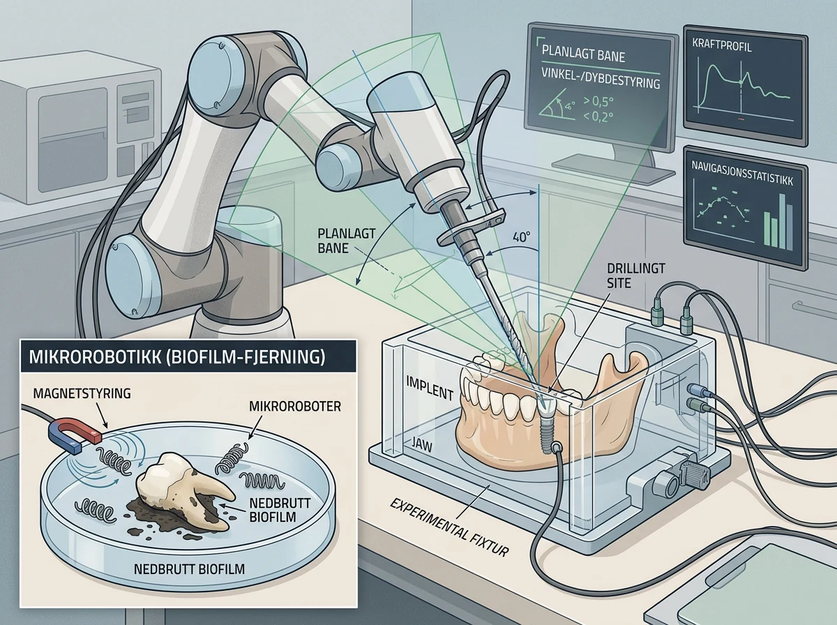 Research illustration of robot-guided implant treatment and microrobots removing biofilm from dental models