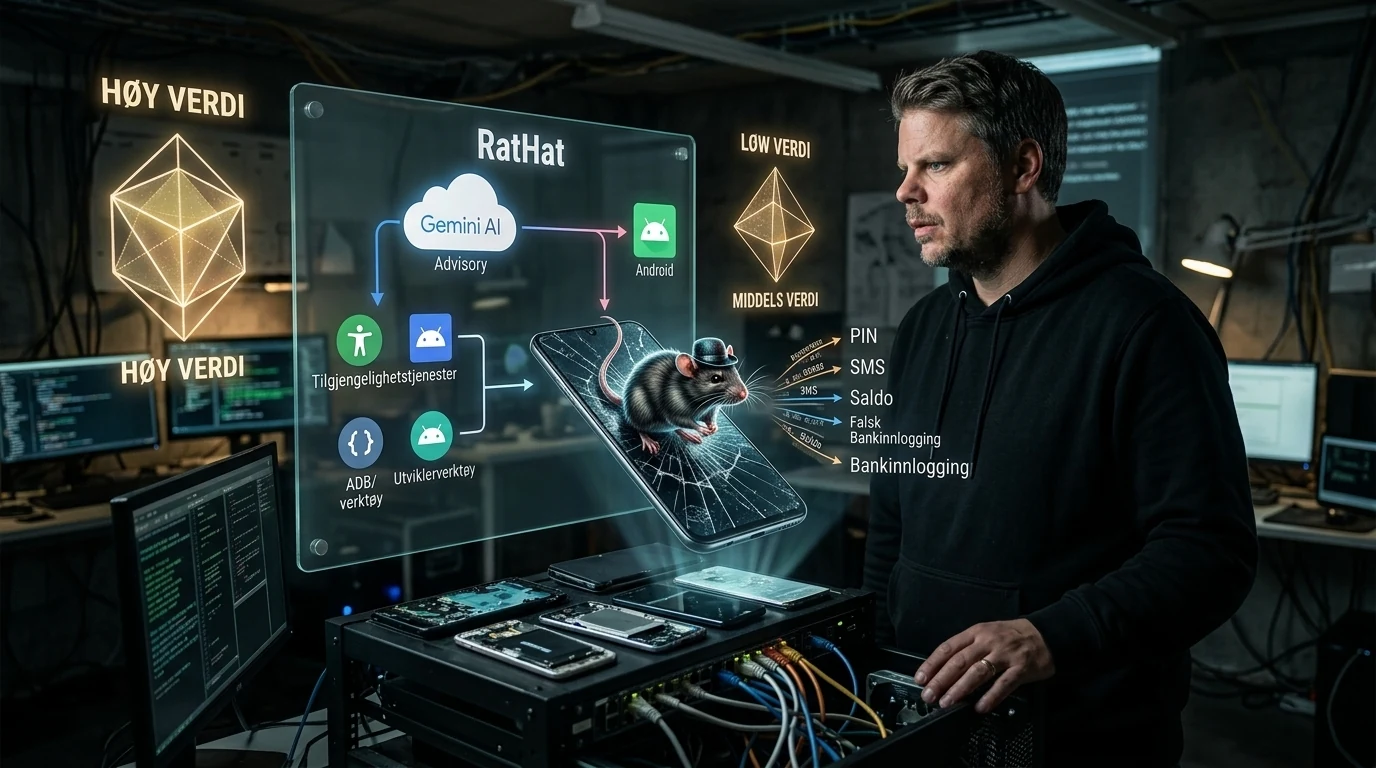 Jan Sverre med Android-telefon rammet av RatHat AI-skadevare og banksvindel