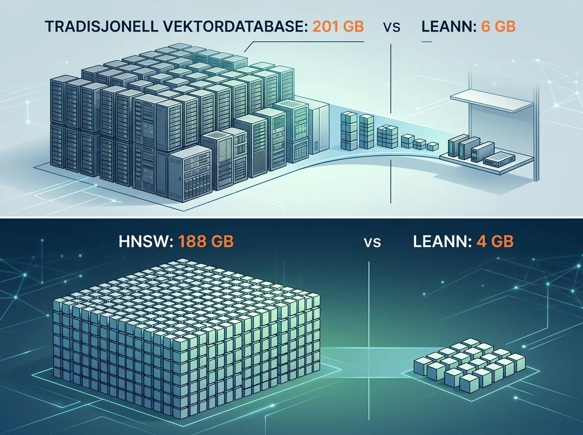 Storage comparison between LEANN, HNSW, and a conventional vector database for a large RAG index