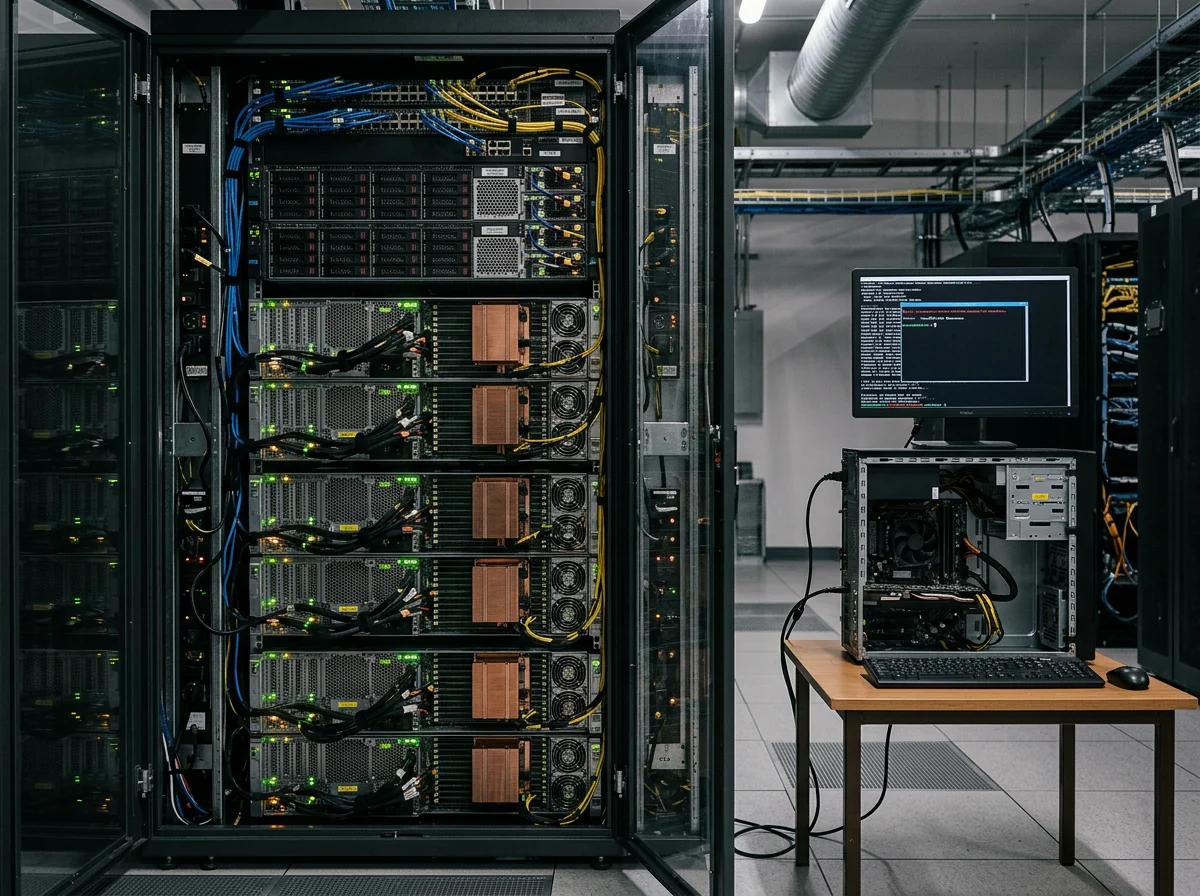 Datasenterrack med åtte GPU-er viser maskinvarekravene til Mistral Large 4