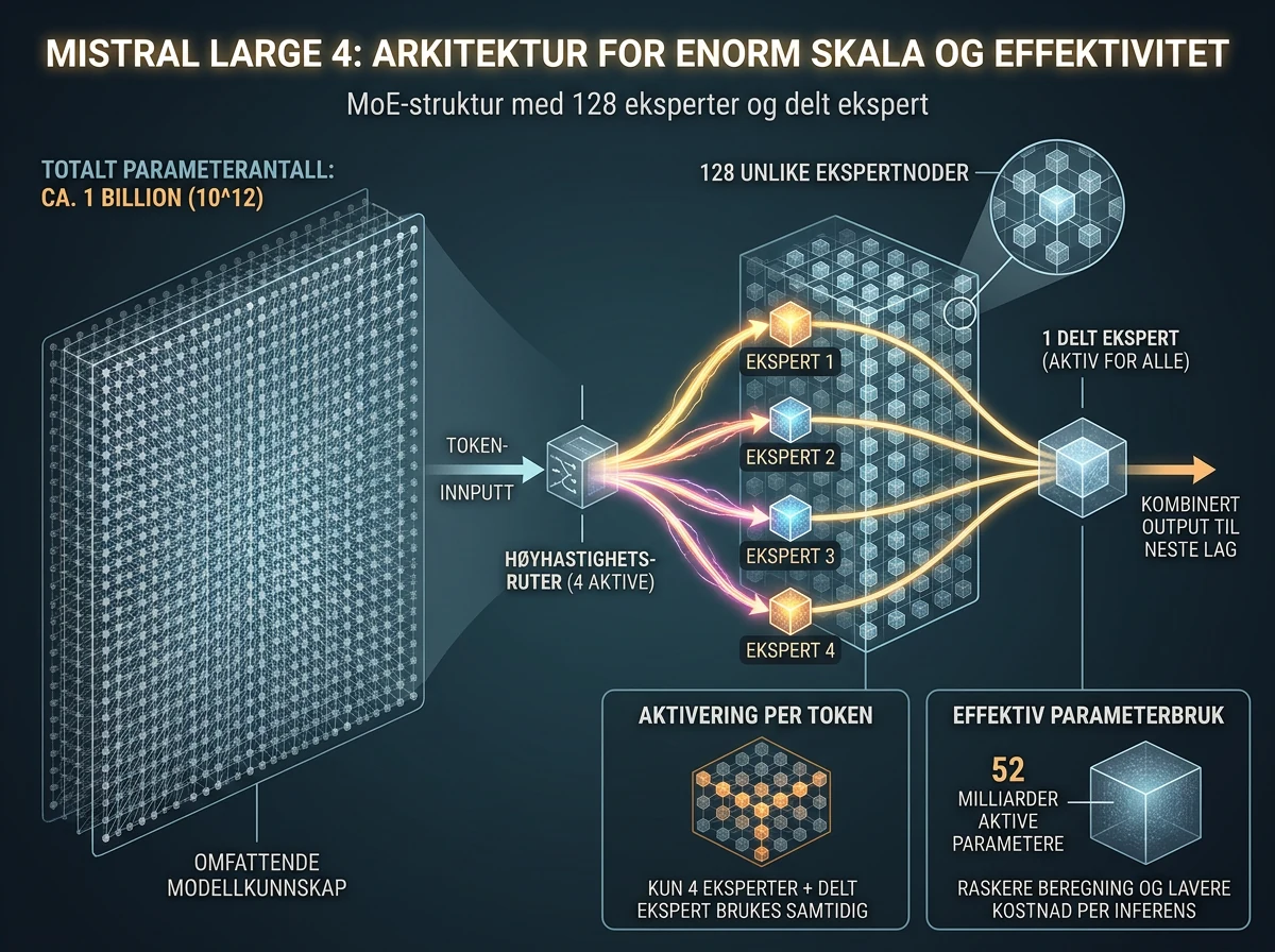 Arkitekturdiagram av Mistral Large 4 med ekspertnoder og aktiv tokenruting