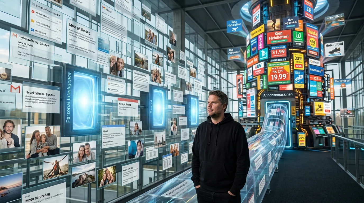 Gmail and Google Photos data flowing through Personal Intelligence toward Google's advertising system