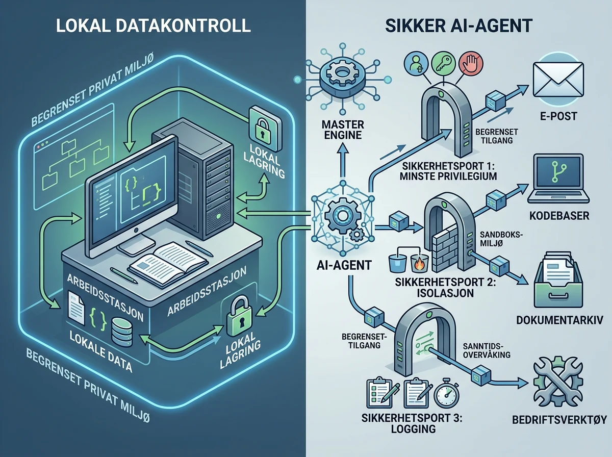 Lokal AI-agent med datakontroll, tilgangsgrenser, isolasjon og logging rundt bedriftsverktøy