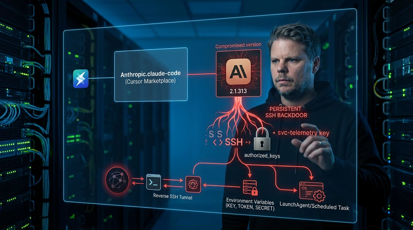 Jan Sverre undersøker kompromittert Claude Code-utvidelse med vedvarende SSH-bakdør i Cursor