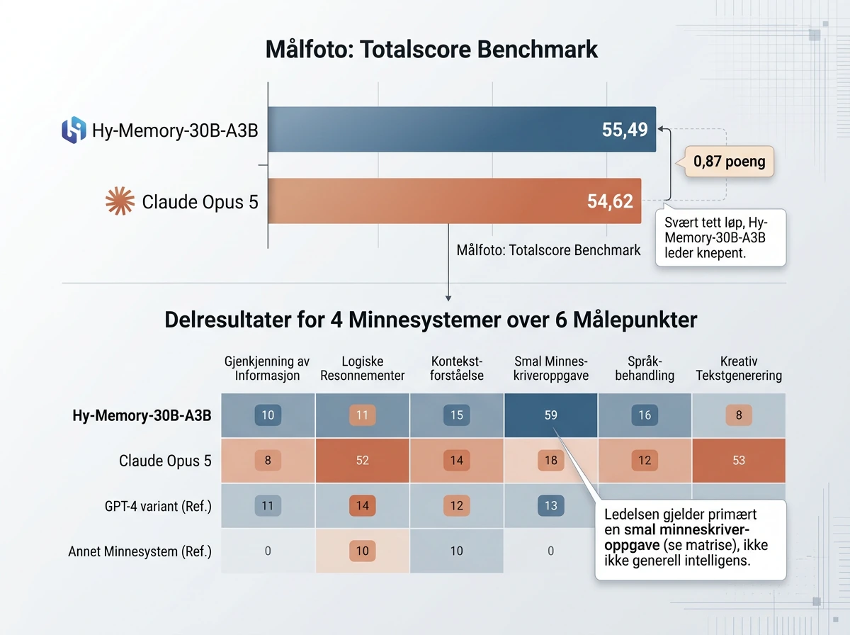 Benchmark sammenligner Hy-Memory-30B-A3B og Opus 5 som minneskrivere i fire systemer