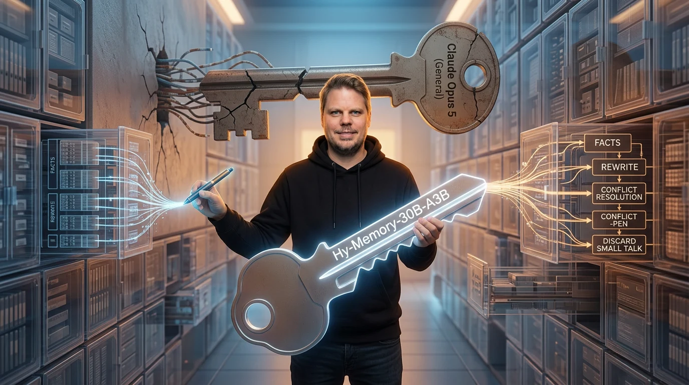 Jan Sverre illustrerer Hy-Memory-30B-A3B som åpen, spesialisert minneskriver for moderne AI-agenter