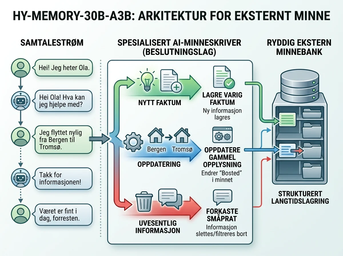 Diagram viser Hy-Memory mellom samtale og ekstern minnebank for moderne AI-agenter
