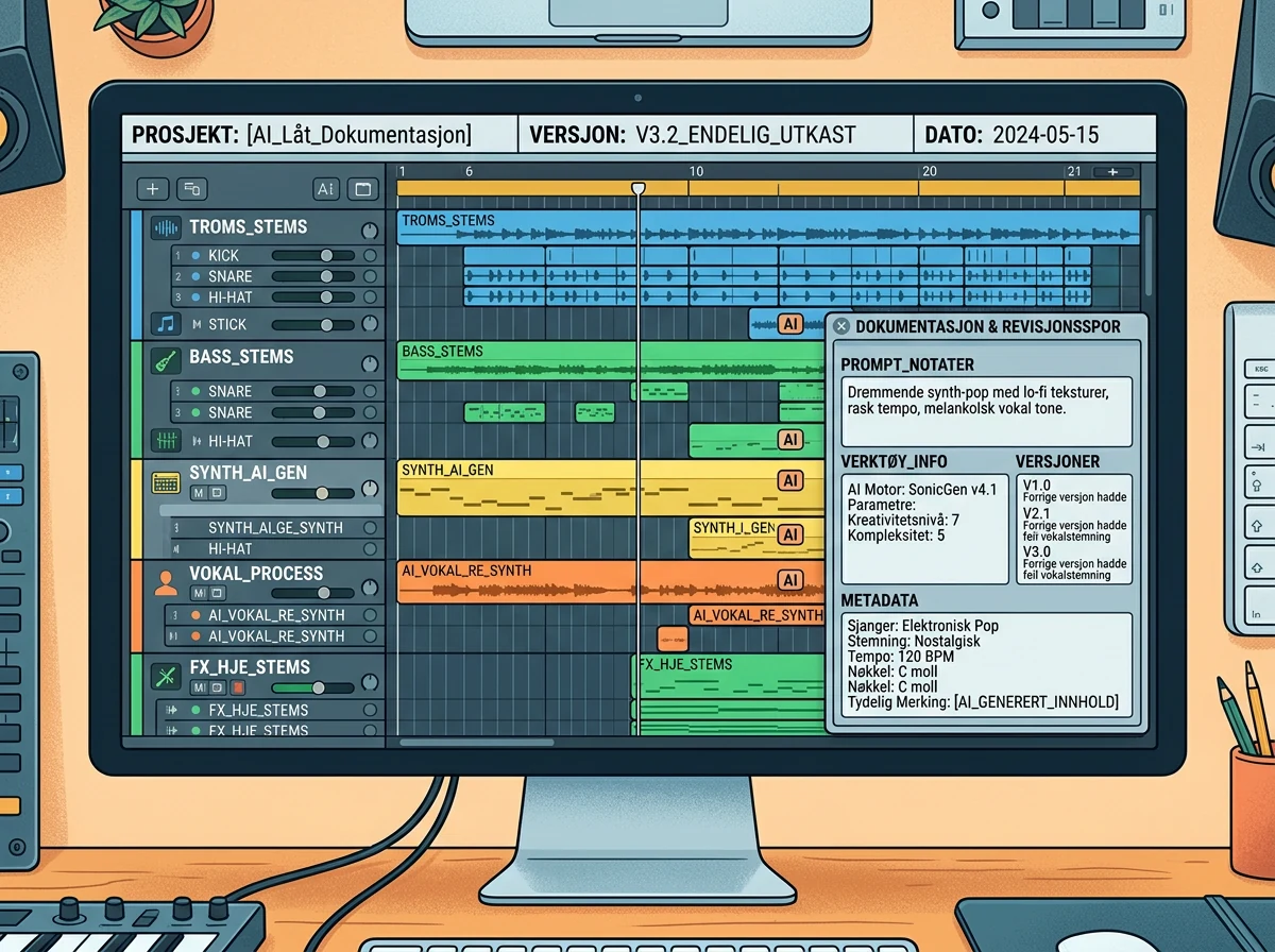 Prosjektfiler og metadata dokumenterer hvordan AI brukes i en musikkproduksjon